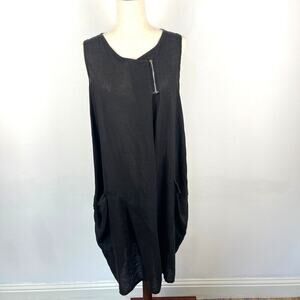 Saga Italy Black Linen Sleeveless Lagenlook Pockets Midi Dress One Size Relaxed